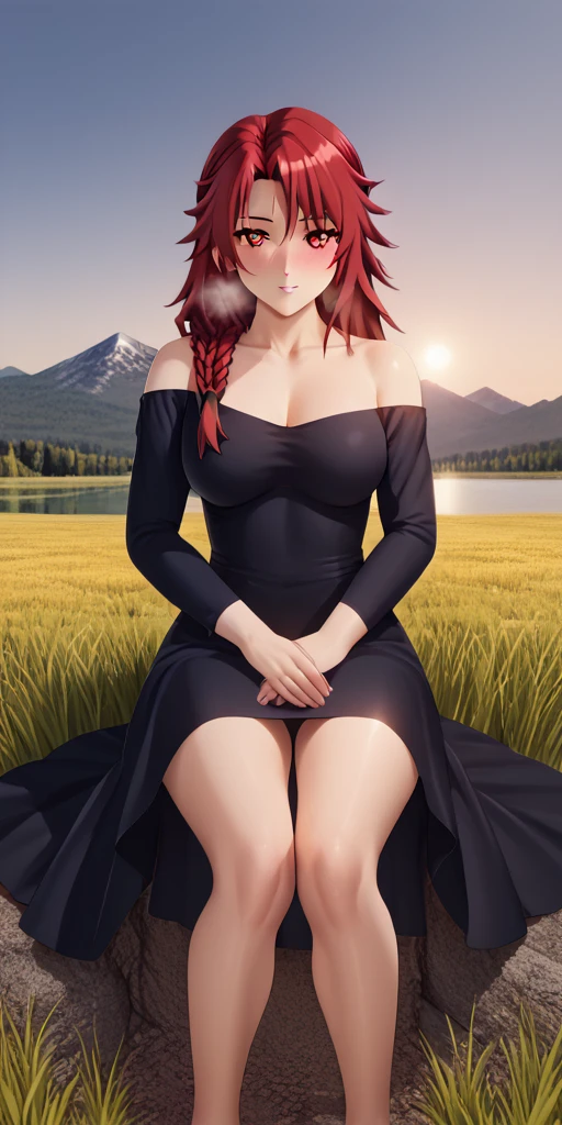 score_9, score_8_up, scscore_9, score_8_up, score_7_up, score_6_up, Iris Midgar, red hair, long hair, braid, red eyes, BREAK (masterpiece:1.2), best quality, high resolution, (detailed eyes:1.3), perfect lighting, (perfect hands, perfect anatomy), large breasts, stocking, 1girl, grass, solo, barefoot, sitting, breasts, mountain, sunset, dress, bare_shoulders, outdoors, looking_at_viewer, off_shoulder, field, sky, lake, collarbone, mountainous_horizon, indian_style, twilight, tree, black_dress, large_breasts, scenery, feet, off-shoulder_dress, rock, hollow eyes, red eyes, looking at viewer. heavy breathing, embarrassed, blush face, steaming face,
