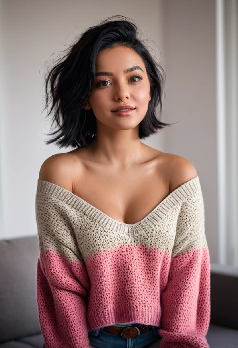 fotorrealista, Best Quality, hyper detailed, beautiful black hair woman, 23 years old, Brown eyes, medium bra, colorful outfit, Upper part of the body, wearing sweater, Living room, (cheerful, shy), sexy shoulders, blushing cheeks, Nikon Z9, 30mm lens, sharp focused face, f/4, ISO 200, Shutter 1/, cinematic light, medium shot, raw ,intricately detailed, award-winning photography, high sharpness, facial symmetry, bokeh, ultra detailed