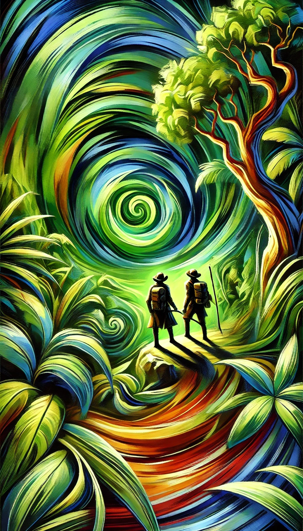 用夸张的色彩和形状描绘探险队员在丛林中的奇幻旅程，绿色漩涡宛如仙境的入口，带着他们穿梭于神秘的绿色世界