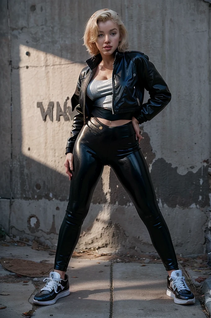 realistic, 20 years old, Marylin Monroe, sneakers, shiny black leggings(low waist), skintight, leather jacket, solo, full body portrait, hot pose, hot face