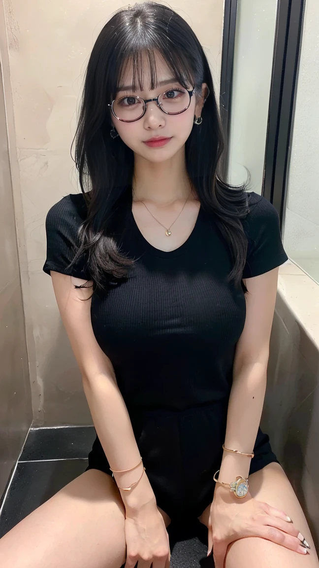 (masterpiece, Highest quality:1.3), smile、(Very detailed:1.2), (hyperRealistic:1.3), (RAW Photos:1.2),(Spread your legs:1.4)、High resolution raw color photos, Professional photos, (PhotoRealistic:1.4), (Realistic:1.4),(Small Nose:1.4)、(Glare:1.4)、Big eyes、Long eyelashes、Professional Lighting, Perfect Anatomy, (Very large breasts:1.2), (Detailed face), (Cute appearance:1.5), (Long black hair:1.5), necklace, bracelet, sexy, erotic sexy, (足を開いたsexyなグラビアポーズ:1.8), (Beautiful woman wearing short sleeve romper: 1.3)、take a bath、(Multiple ear piercings:1.4)、(Selfie:1.4)