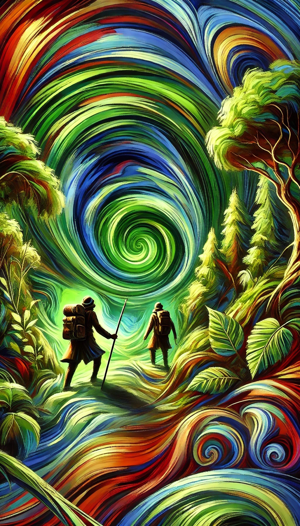 用夸张的色彩和形状描绘探险队员在丛林中的奇幻旅程，绿色漩涡宛如仙境的入口，带着他们穿梭于神秘的绿色世界