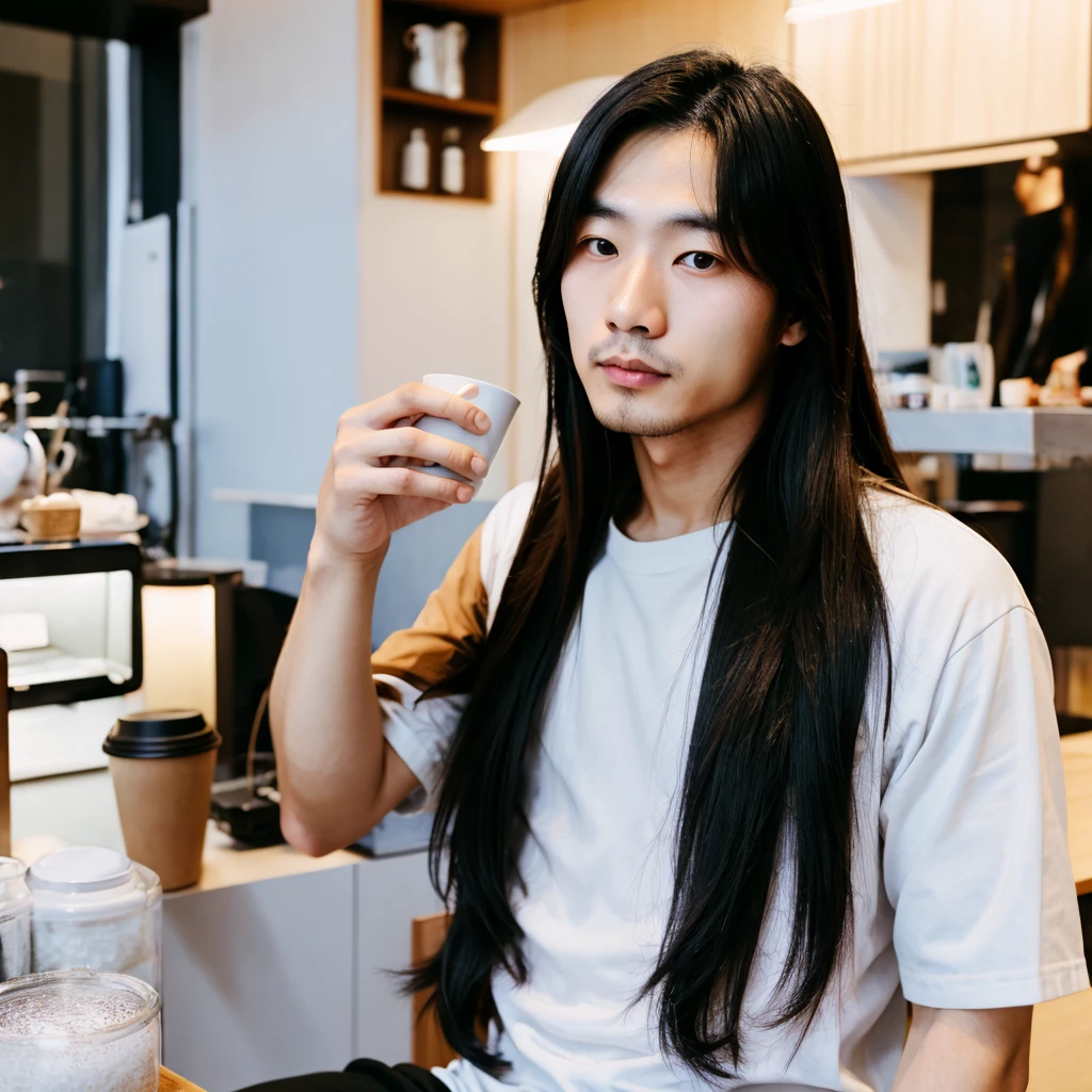 Korean man with long hair above the shoulder, drinking coffee in Tokyo