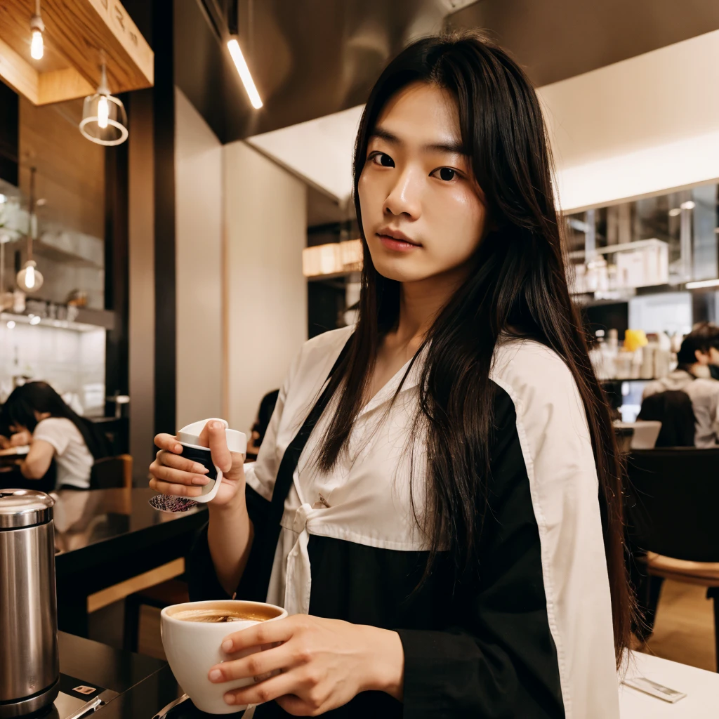 Korean man with long hair above the shoulder, drinking coffee in Tokyo 