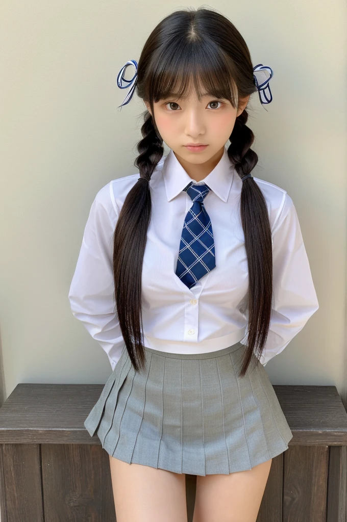 ((highest quality, masterpiece :1.3)), Photorealistic、Ultra-high resolution、Natural skin texture、Hyperrealism、Photograph from the knee up、15 year old Japanese beautiful girl、Twin tail hair、well-shaped breasts、Tight white collared shirt and tie、mini skirt、Contemptuous expression