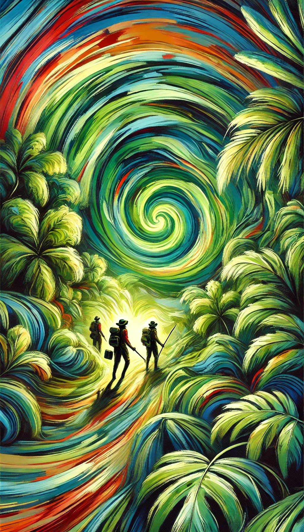 用夸张的色彩和形状描绘探险队员在丛林中的奇幻旅程，绿色漩涡宛如仙境的入口，带着他们穿梭于神秘的绿色世界