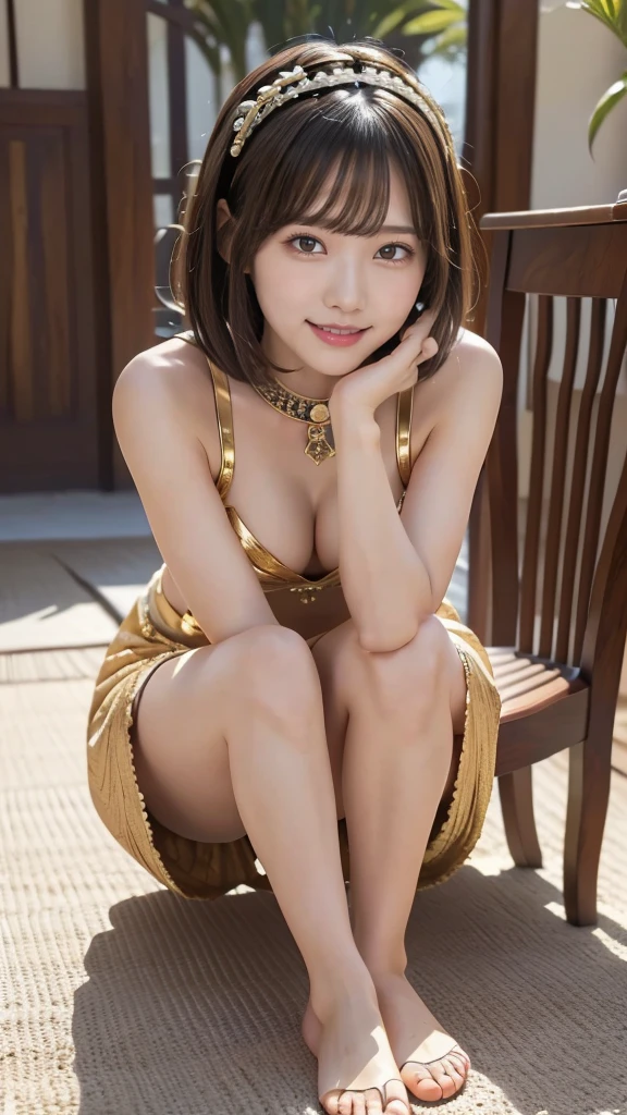 (wide shot), (((full body))), {{{masterpiece}}}, {{{best quality}}}, {{ultra-detailed}}, {illustration}, {{an extremely delicate and beautiful}}, one girl, (((old arabian costume))), 20 years old, japanese girl, smile, short hair, beauty, pretty face, cute face, medium breasts, natural face, Straddling a chair, The composite part of the face looks natural, Natural balance between face and body, 8 heads, The golden ratio of face and body, Height 160cm, Weight 48kg, Fantastic, Mysterious, Arabian Nights, Fantasy, Live, (((Cleopatra))), (((arabian palace)))