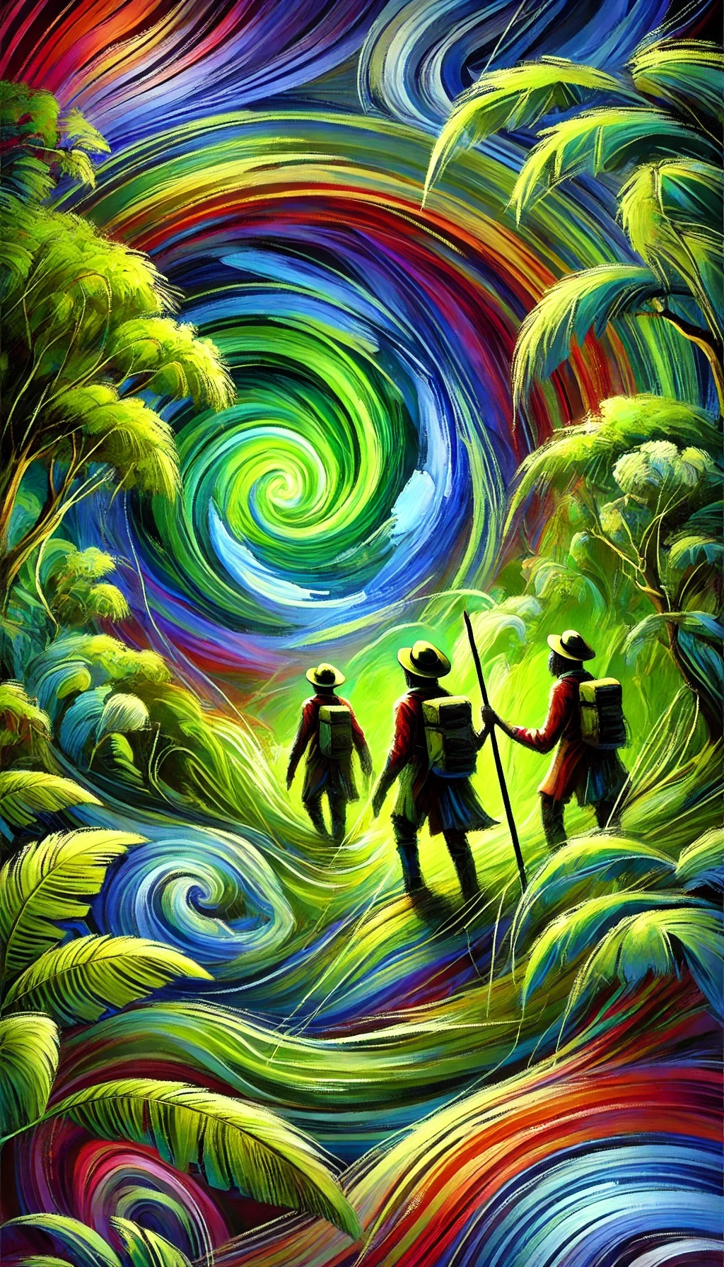 用夸张的色彩和形状描绘探险队员在丛林中的奇幻旅程，绿色漩涡宛如仙境的入口，带着他们穿梭于神秘的绿色世界