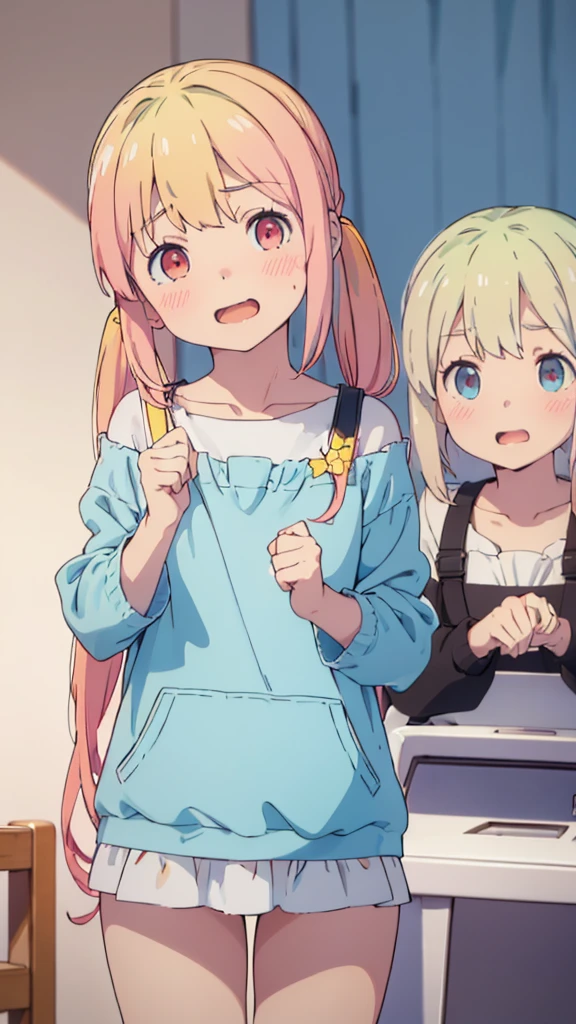 ((masterpiece))((Highest quality))girl、Laughing with your mouth open、blush、Flat Chest、Are thin、Blonde Hair、blush、Are standing、Whole body image、Eye level on face、、No background、Blue clothes、Hair is two colors、Twin tails、Red Eyes、Two-tone red and yellow hair、Put your hands up、underwear