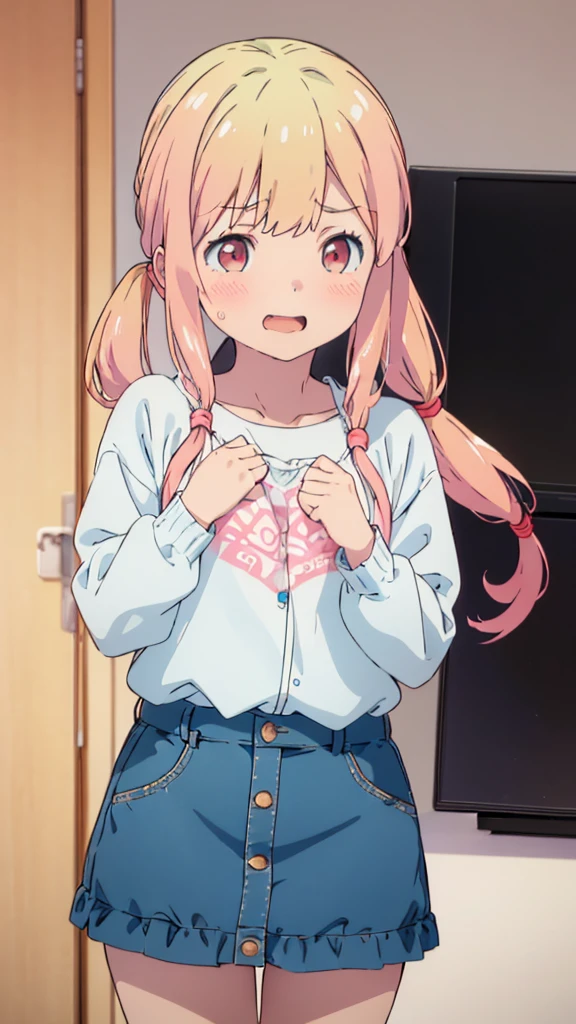 ((masterpiece))((Highest quality))girl、Laughing with your mouth open、blush、Flat Chest、Are thin、Blonde Hair、blush、Are standing、Whole body image、Eye level on face、、No background、Blue clothes、Hair is two colors、Twin tails、Red Eyes、Two-tone red and yellow hair、Put your hands up、underwear