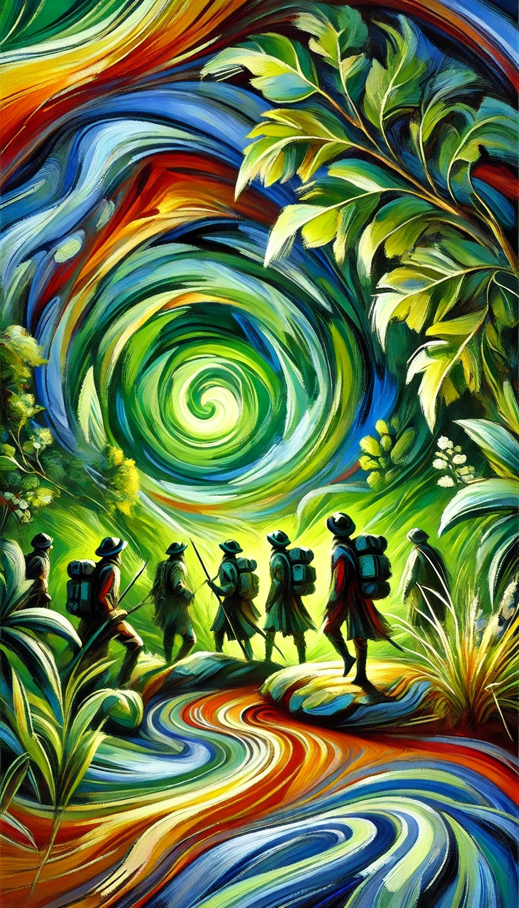 用夸张的色彩和形状描绘探险队员在丛林中的奇幻旅程，绿色漩涡宛如仙境的入口，带着他们穿梭于神秘的绿色世界