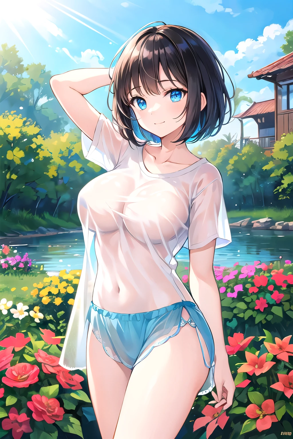 ((Highest quality)), ((masterpiece)), (detailed),(One frame) ,(pastel colour), (Japanese), , Black Hair,(Childish face), (Bob Hair), Girl, small Breasts, (naked),topless, ((Blue eyes)),half-smile ,Sunlight, profile , ((close_up)) , arched back, riverbank, flower garden,Nipples,