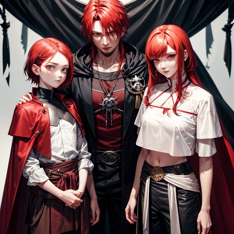 Short red hair,Three scars on the face going up and down,White cloth,Black cape,Red cloth strip around waist,cropped pants,Flip-flops,Hang a knife on your waist,Pirate King,red hair shanks,Four Emperors,Overlord color domineering