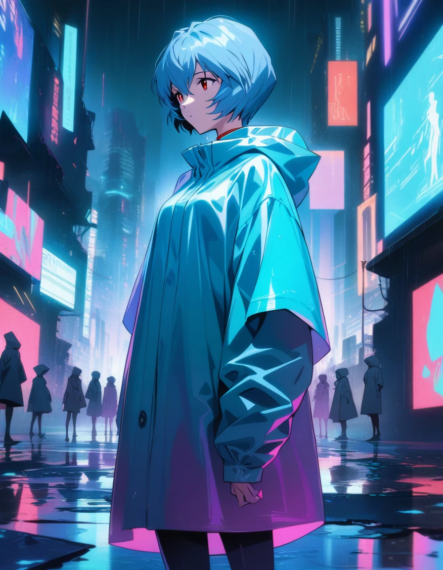 1girl, ayanami rei, neon genesis evangelion, blue short hair, red eyes, cool color palette. Futuristic cyberpunk city at night, neon lights reflecting off rain-slicked streets. Girl standing in the rain wearing a sleek, sheer,high-tech raincoat, naked raincoat,see hirough nipples,see through pubic hair,surrounded by holographic displays. Anime art style. Raindrops creating a misty atmosphere, cool-toned puddles reflecting the city lights. Deep blues, purples, and cool teals dominating the color scheme. Raincoat with subtle, futuristic design elements glowing softly in the neon-lit night. Masterpiece, best quality, absurdres,cowboy shot