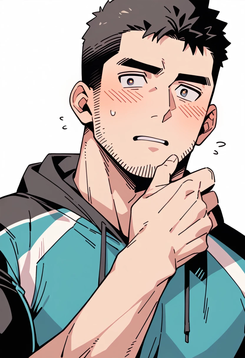 anime characters:Chris Redfield, Muscle Sports Student, Buzz Cut, Manliness, male focus, Sports tight hooded sweatshirt, Wear a black high-necked tights inside, Very tight, full and perky chest muscles, muscular male, muscular, only, Upper body, alone, Red short hair, Thick eyebrows, stubble, Brown-red pupils, White background, simple background, amazing quality, best aesthetics, Ridiculous, crew cut, parted lips, flustered, endured face, shy, blush, negative space, best quality