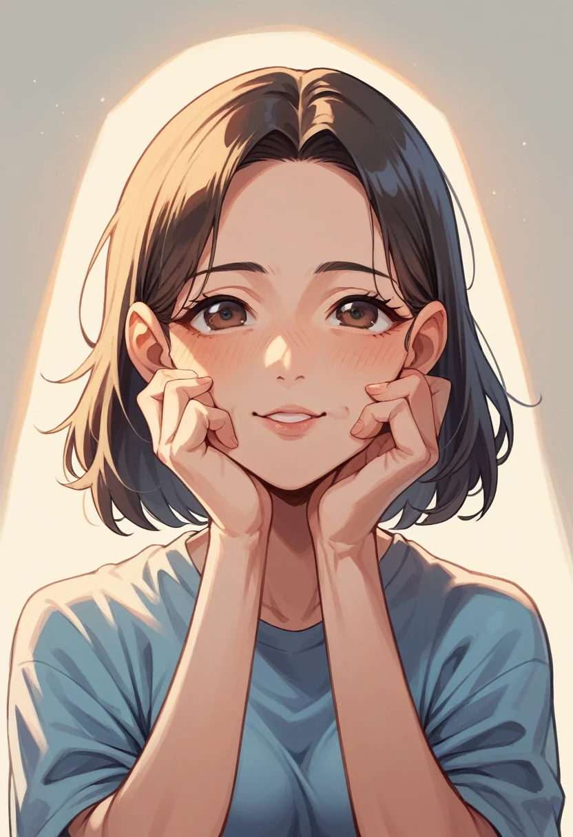 Illustration of a woman with a soothing smile, anime style, bob hair, Close your eyes and hug me, camisole