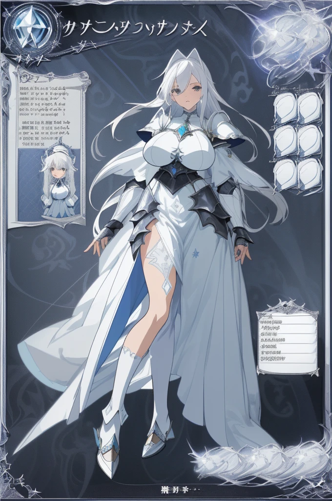 Short white sorceress dress, white haired girl wearing armor shoes and silver accessories, ((big breasts)), elegant, long feet-length hair,seductive expression,Star decoration,White lace socks,azure Rose,Vest line,Mesh Clothing, ( ( anime character sheet ) ), full body pose, character from wutherin waves, white backgrounnd