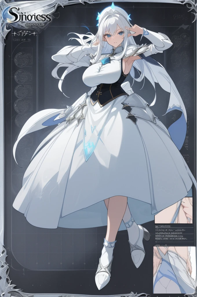 Short white sorceress dress, white haired girl wearing armor shoes and silver accessories, ((big breasts)), elegant, long feet-length hair，seductive expression，Star decoration，White lace socks，azure Rose，Vest line，Mesh Clothing, ( ( anime character sheet ) ), full body pose, character from wutherin waves, white backgrounnd