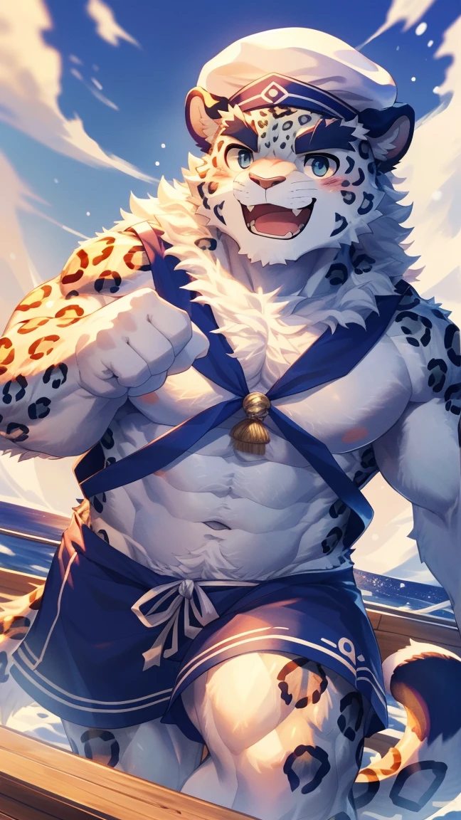 (Vision:1.5), solitary, anthropology, hairy, hairy male, snow leopard, ((Fluffy fur, Fluffy, hairy body)), (snow leopard print), (Thick eyebrows), youth, muscular, pectoralis major, White fur, Blue-gray pupils, Detailed teeth, defaced face, fundos, sailor, 蓝白条纹sailor服, White beret, On board, Sailing, sideways, Happy expression, blush, (Dynamic poses:1.5), Clear facial features, Strong, majestic, alone, panoramic, Fog atmosphere, early morning, Tyndall Light Effect, On deck, early morning的阳光, (By Empty Ghost, From snow leopard20, masterpiece, high quality, high resolution,8k)