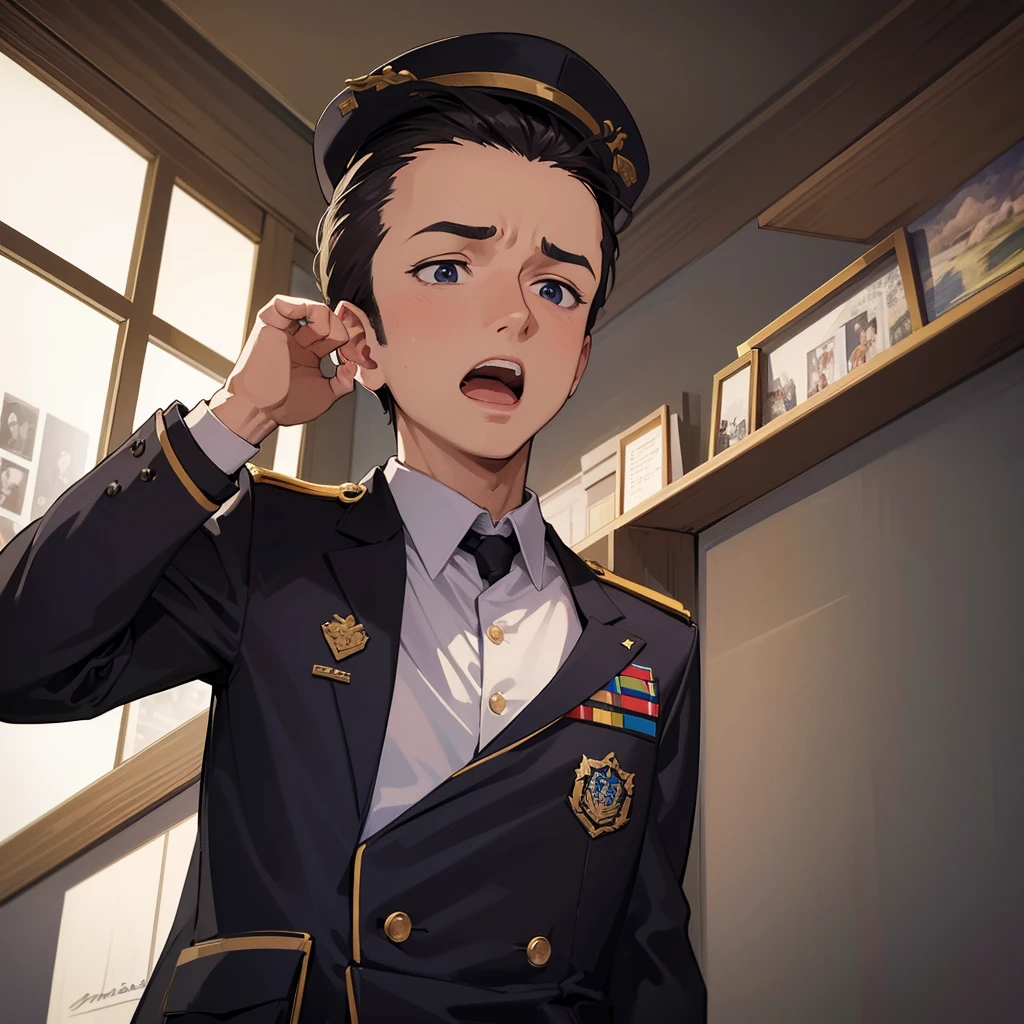 Absurd decision, a high resolution, (masterpiece: 1.4), hyperdetailing, Middle-aged man in military uniform, Scientific observatory, screen wall and more, excited open mouth, upper body photo