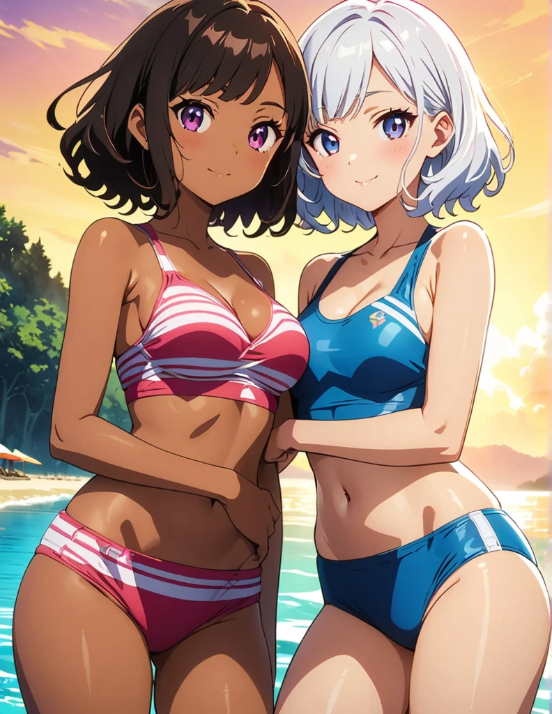 (anime artwork, anime style, studio anime, very detailed, up to date, vibrant, Anime Coloring, high contrast, masterpiece:1.2, best quality, best aesthetics),2 girl,hug from behind,swim suits, Medium chest, A glimpse of thighs,random hair, One eye is hidden by the bangs, perfect proportions, high detail skin, Cute, detailed faces,beach, precise fingers,curvy,swim suits crowd, dark skin,cocoa skin, swim suit tanned,