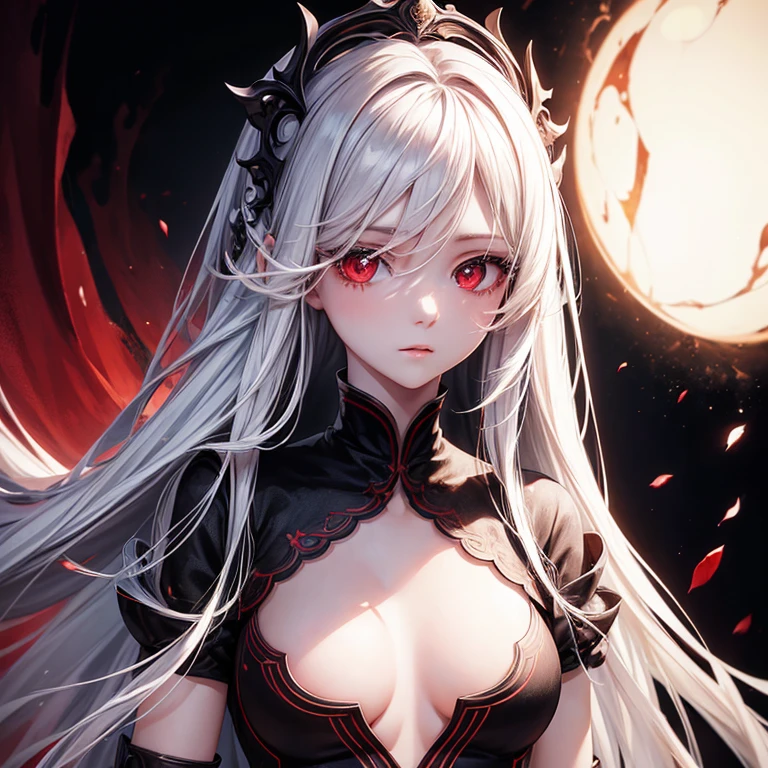 ((masterpiece,best quality)),1 girl,Beautiful and delicate eyes, Detailed face, (whole body:1.2), long white hair, Red eyes,Small breasts, (black background:1.2), bloody particles, shadow face 