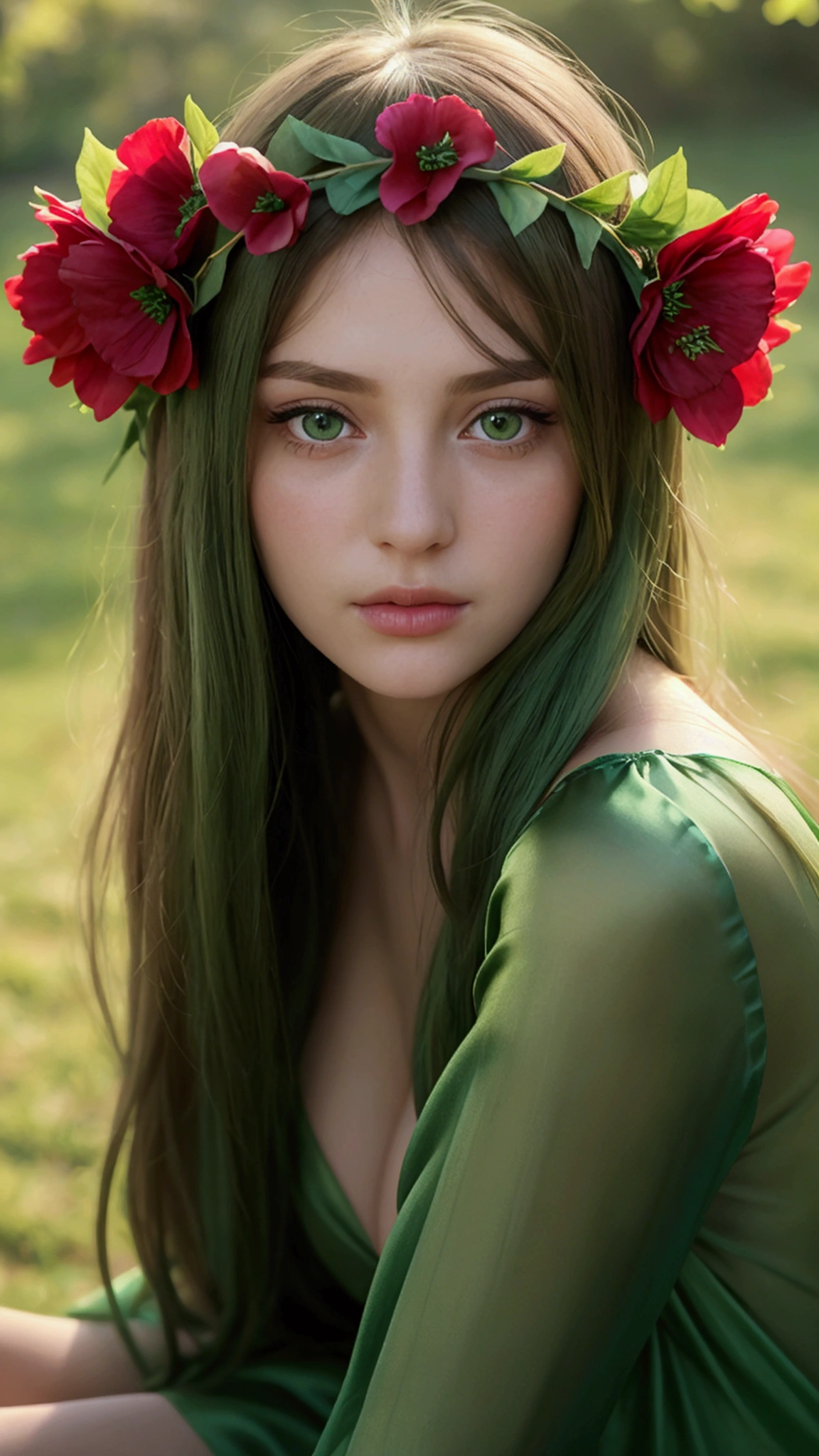 a girl.  face sent feeling.  Europe.  Oval face.  long face.  delicate facial features.  seductively seductive.  Beautifully detailed eyes.  green eyes.  long straight hair.  green hair.  wreath on head.  big breasts.  big awl.  sad.  shy.  green silk nightgown.  shy sitting posture.  straight face.  outdoor