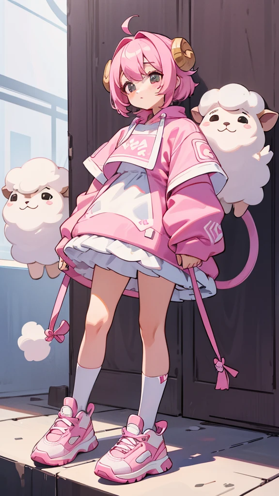 Pink sheep themed characters, Wearing big sneakers, サイバーパンク, Ram's horn, Keep the background simple, Magazine cover design, Pale pink hair, cloud hair, light smile, closed eyes, pink hair, whole body, Magazine Cover, Magazine Design, projected inset, UHD, highres, best quality, 8k