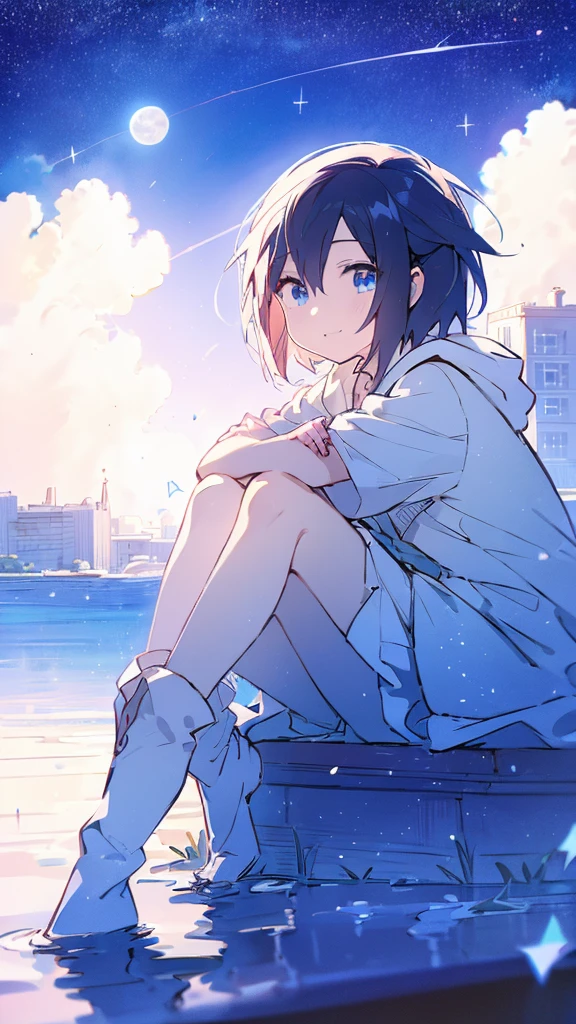 Seven-doppelganger shot,Anime style 4K,High quality anime art style,Standing painting,Splash ink background,Blue Themes、Pure white background,Buildings,Face close-up,Buildings,Moon and sun、Shining Star々,milky way,Bright Sky,Looking at me,Facing forward,Clear eyes and nose,cute,beautiful,Thin legs,sitting by the water, black hair, Blue eyes, girl, bob, front, cute,Blue Background,bionde,Short Bob,Whale flying in the blue sky