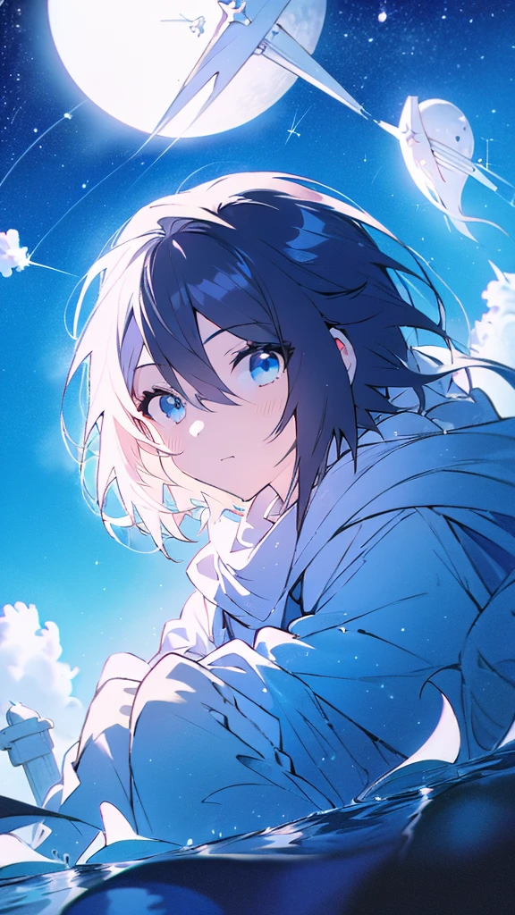 Seven-doppelganger shot，Anime style 4K,High quality anime art style，Standing painting，Splash ink background，Blue Themes、Pure white background,Buildings,Face close-up,Buildings,Moon and sun、Shining Star々,milky way,Bright Sky,Looking at me,Facing forward,Clear eyes and nose,cute,beautiful,Thin legs,sitting by the water, black hair, Blue eyes, girl, bob, front, cute,Blue Background,bionde,Short Bob,Whale flying in the blue sky