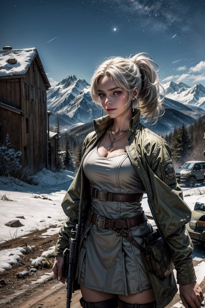 (masterpiece, best quality:1.2), cowboy shot, weissvale, smile, closed mouth,  looking at viewer, long white hair, side ponytail, scar above eye, scar below eye, military dress,  jewelry, necklace, earrings, standing with army in city ruins on hill, overlooking valley, BREAK night, stars, moon, snow, BREAK mountains in background, waterfall, vehicle wreck, army searching with rifles, (army in military uniform), bonfires, post-apocalypse, dystopian future, 