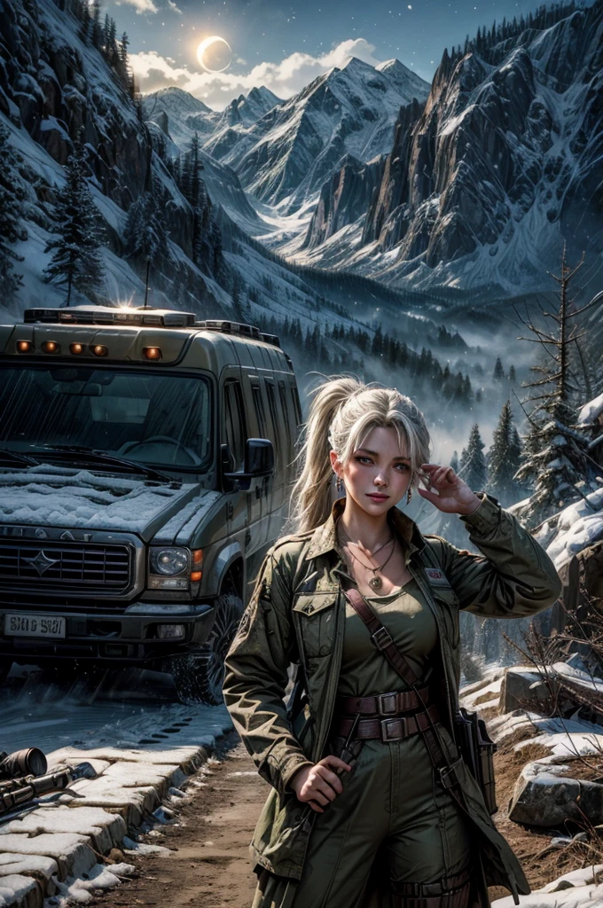 (masterpiece, best quality:1.2), cowboy shot, weissvale, smile, closed mouth, looking at viewer, long white hair, side ponytail, scar above eye, scar below eye, military dress, jewelry, necklace, earrings, standing with army in city ruins on hill, overlooking valley, BREAK night, stars, moon, snow, BREAK mountains in background, waterfall, vehicle wreck, army searching with rifles, (army in military uniform), bonfires, post-apocalypse, dystopian future,