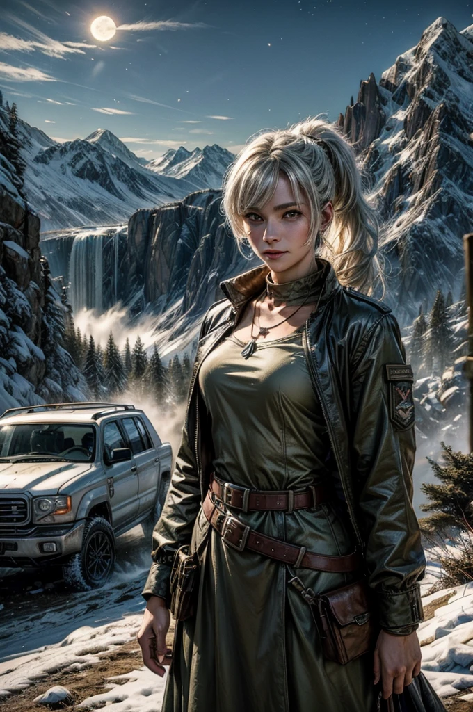 (masterpiece, best quality:1.2), cowboy shot, weissvale, smile, closed mouth, looking at viewer, long white hair, side ponytail, scar above eye, scar below eye, military dress, jewelry, necklace, earrings, standing with army in city ruins on hill, overlooking valley, BREAK night, stars, moon, snow, BREAK mountains in background, waterfall, vehicle wreck, army searching with rifles, (army in military uniform), bonfires, post-apocalypse, dystopian future,