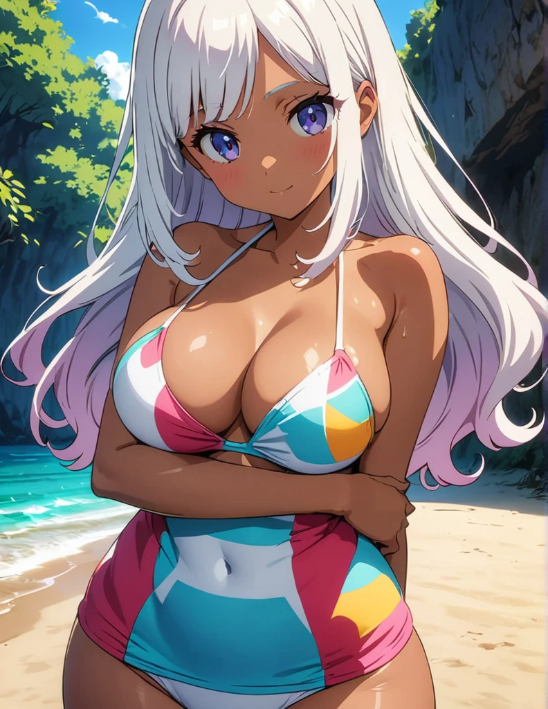 (anime artwork, anime style, studio anime, very detailed, up to date, vibrant, Anime Coloring, high contrast, masterpiece:1.2, best quality, best aesthetics),2 girl,hug from behind,bikini, Medium chest, A glimpse of thighs,random hair, One eye is hidden by the bangs, perfect proportions, high detail skin, Cute, detailed faces,beach, precise fingers,curvy,swim suits crowd, dark skin,cocoa skin, swim suit tanned,