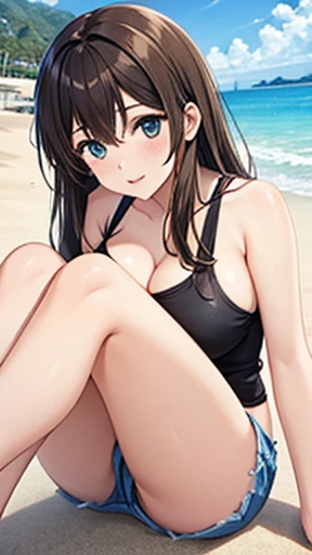 (masterpiece, Highest quality, Absurd, Game CG, shape, Very detailed), One Girl, alone, (mayu kuroe), Beautiful attention to detail, stitting with, Beach, Bent knees, Tank top, Short shorts,Big Breasts