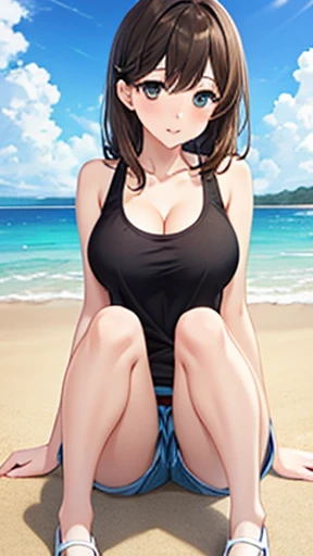 (masterpiece, Highest quality, Absurd, Game CG, shape, Very detailed), One Girl, alone, (mayu kuroe), Beautiful attention to detail, stitting with, Beach, Bent knees, Tank top, Short shorts,Big Breasts