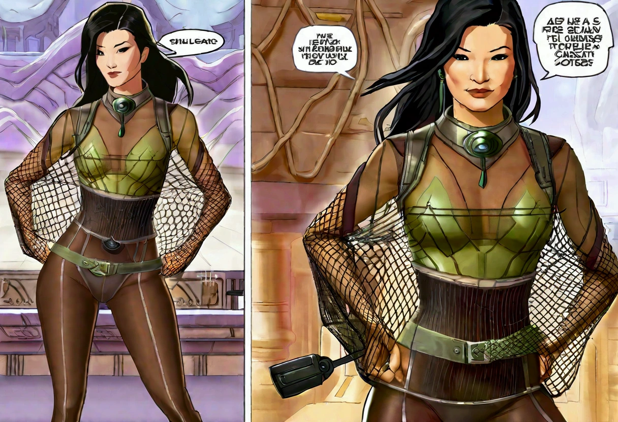 (Kelly Hu, age 25, sheer fishnet outfit no underwear) struggling against leash in Jabba's palace. She has a leash around her waist that Jabba is holding. Dangerous aliens cheer