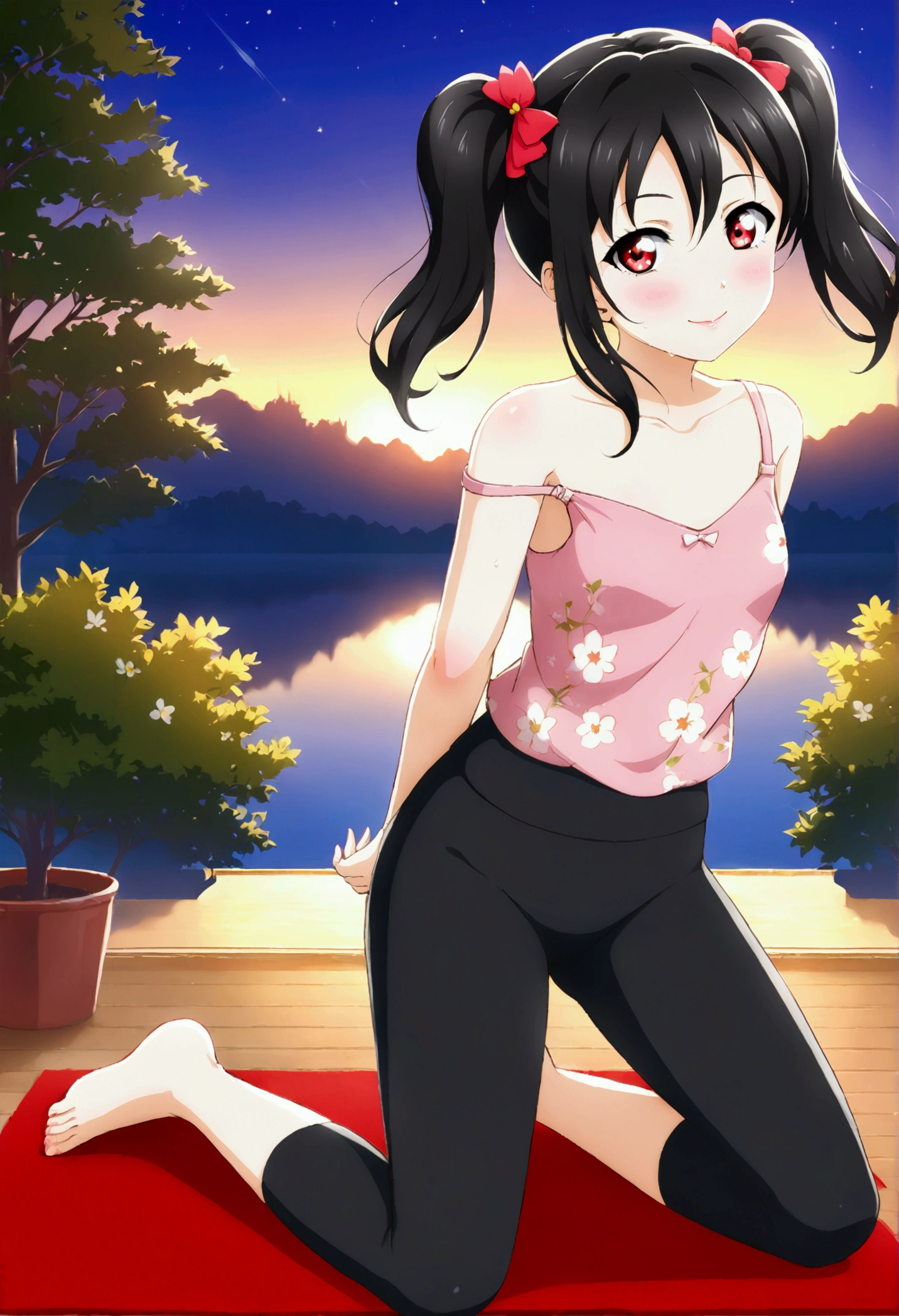 masterpiece, best quality,yazawa nico, black hair, twintails, red eyes, volumetric lighting, illustration, beautiful, tight , Blushing, breasts, looking at viewer, flowers printed tank top, yoga pants,solo, curvy body,floral print, seductive smile, (arms behind back, head tilt:1.1),(breathtaking scenery:1.1), tree, blushing full body shot, sweating, strap slip 
