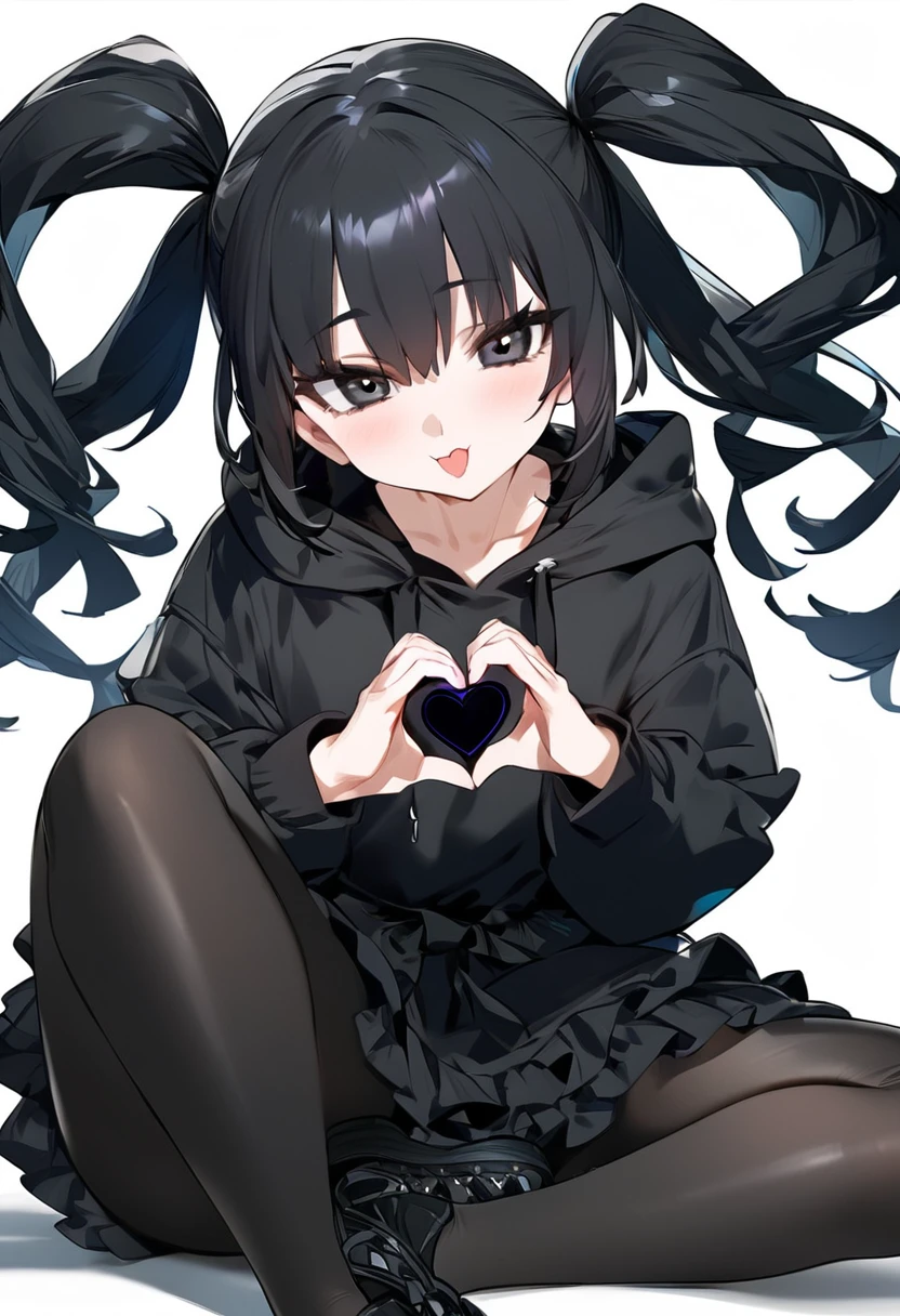 One girl、Black Hair、Twin tails、black eye、Eyes without highlights、Plain black oversized hoodie、Showing bare feet、Black tights、Black ta Sneakers、Platform sneakers、Sitting、Making a heart with hands、White background