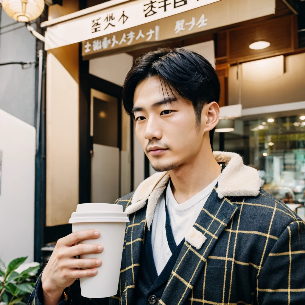 Korean man with spotted hair, acima do ombro, drinking coffee in Tokyo 