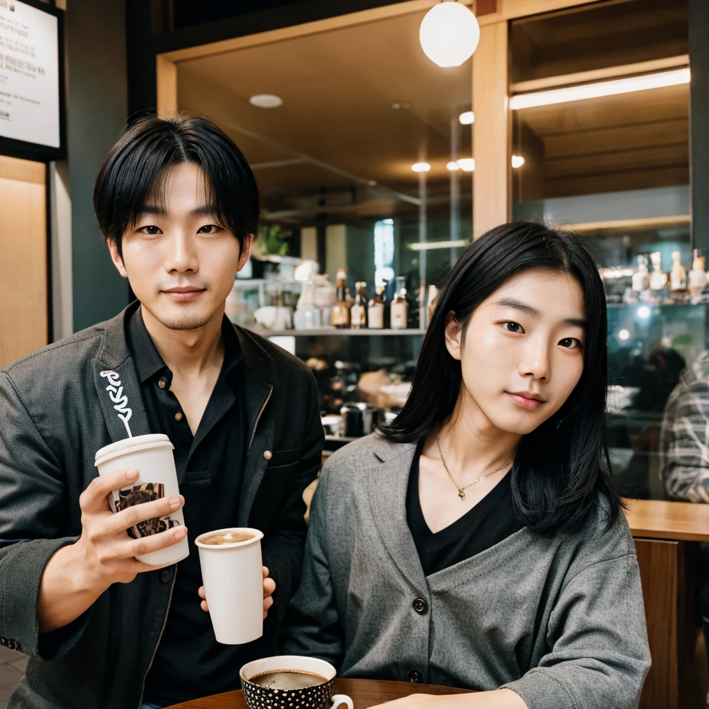 Korean man with spotted hair, acima do ombro, drinking coffee in Tokyo 