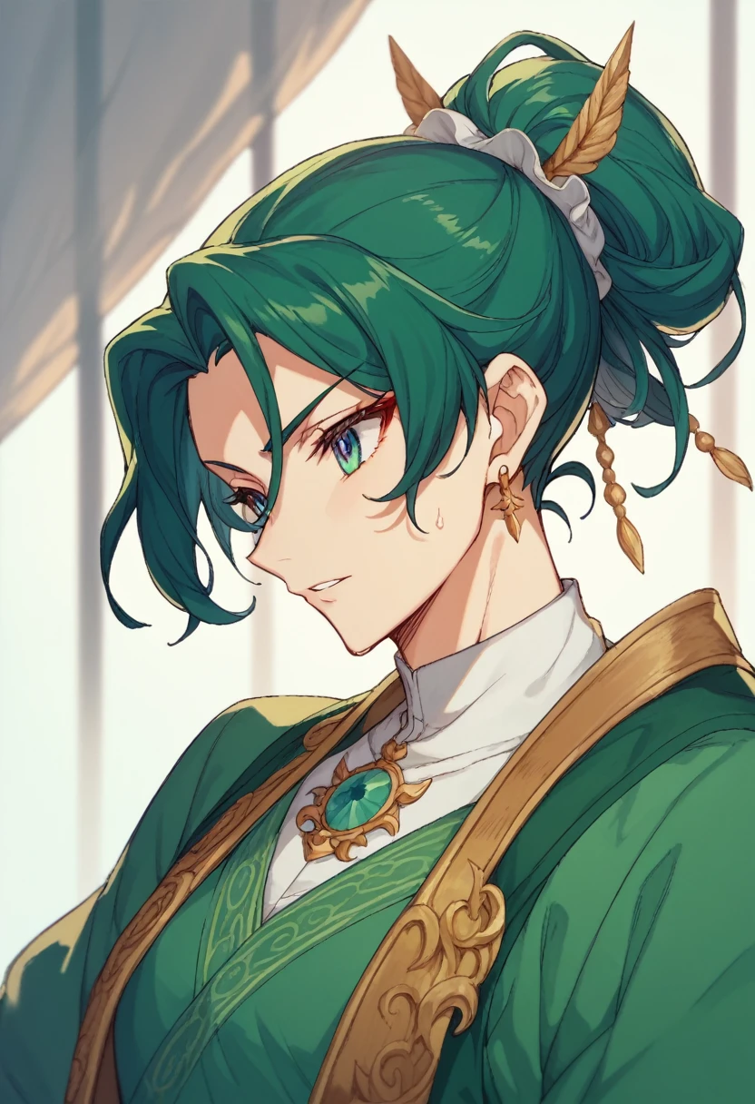 A character in the art style of the anime called "the apothecary diaries". She is a fighter, but wears traditional blue/green clothes, but her hair are deep black. (2d) (copy the anime art style)
