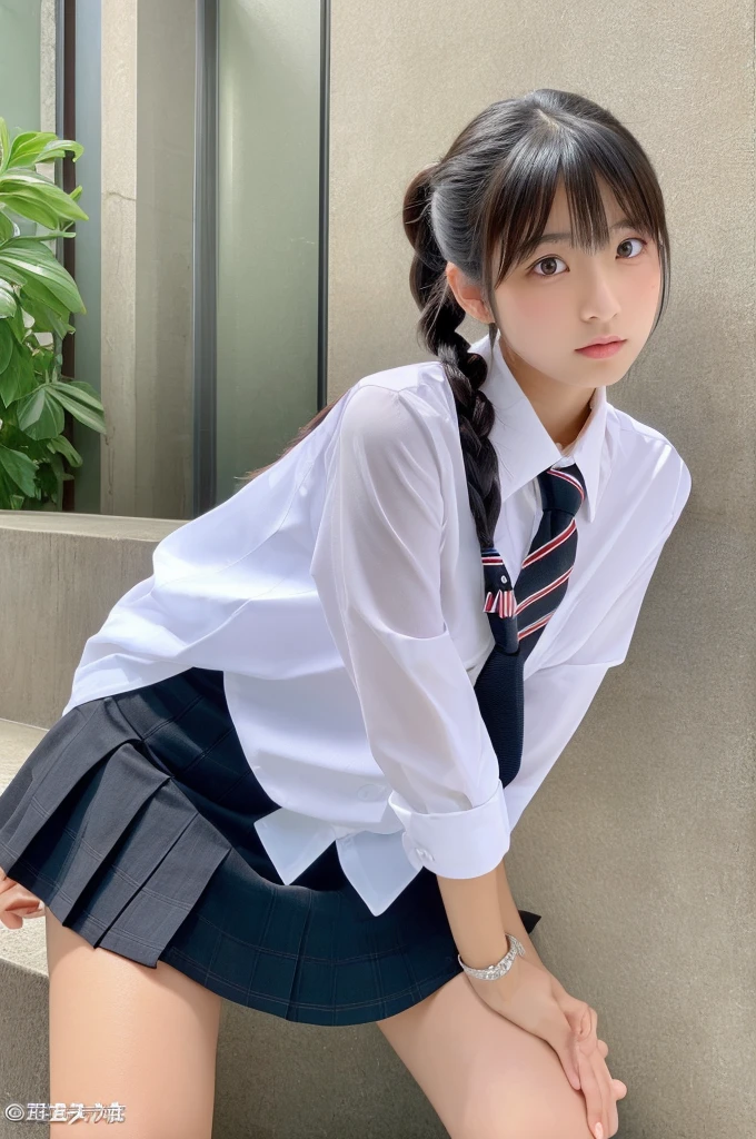 ((highest quality, masterpiece :1.3)), Photorealistic、Ultra-high resolution、Natural skin texture、Hyperrealism、Photograph from the knee up、 Japanese beautiful girl、Twin tail hair、well-shaped breasts、Tight white collared shirt and tie、mini skirt、Contemptuous expression