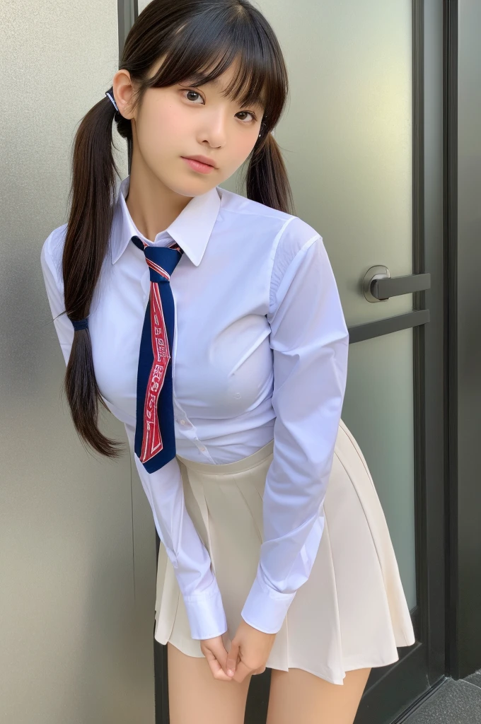 ((highest quality, masterpiece :1.3)), Photorealistic、Ultra-high resolution、Natural skin texture、Hyperrealism、Photograph from the knee up、15 year old Japanese beautiful girl、Twin tail hair、well-shaped breasts、Tight white collared shirt and tie、mini skirt、Contemptuous expression