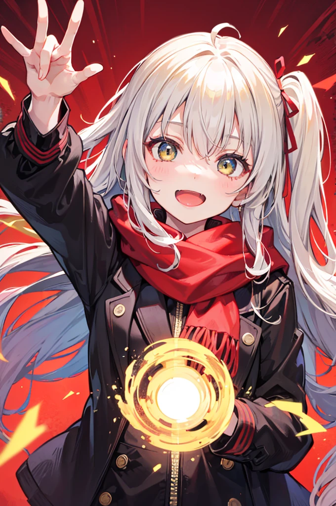 one side up, long hair, stupid hair, portrait, passionate fool, girl, Laugh loudly and energetically, golden eyes, red cloth scarf, Black Jacket, hero