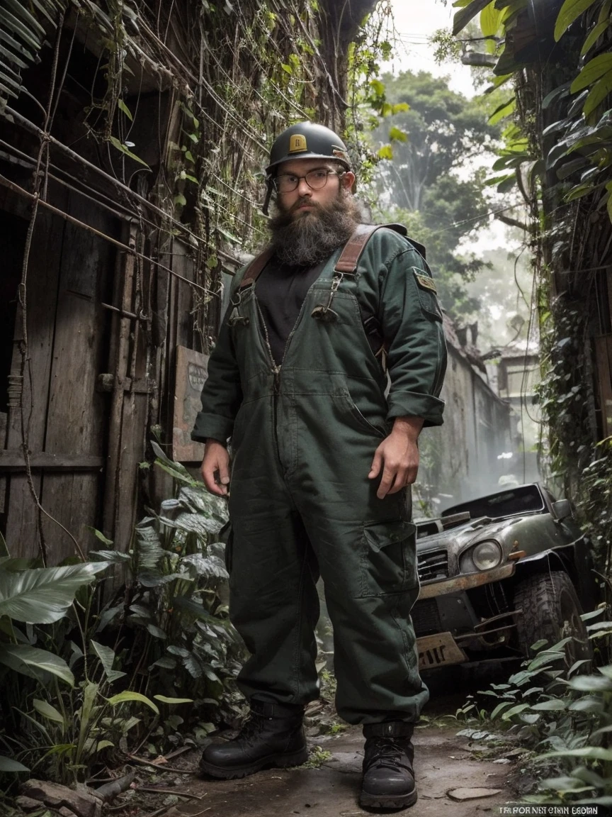 One boy, beard, Glasses, obesity, Solo Expedition, jungle, waterfall, Rocky area, Wet clothes, bag, Finding a way, nature, Strength, A sense of adventure, wild, Intensity of green, fog, Tree trunk, Silence, fresh air, full body