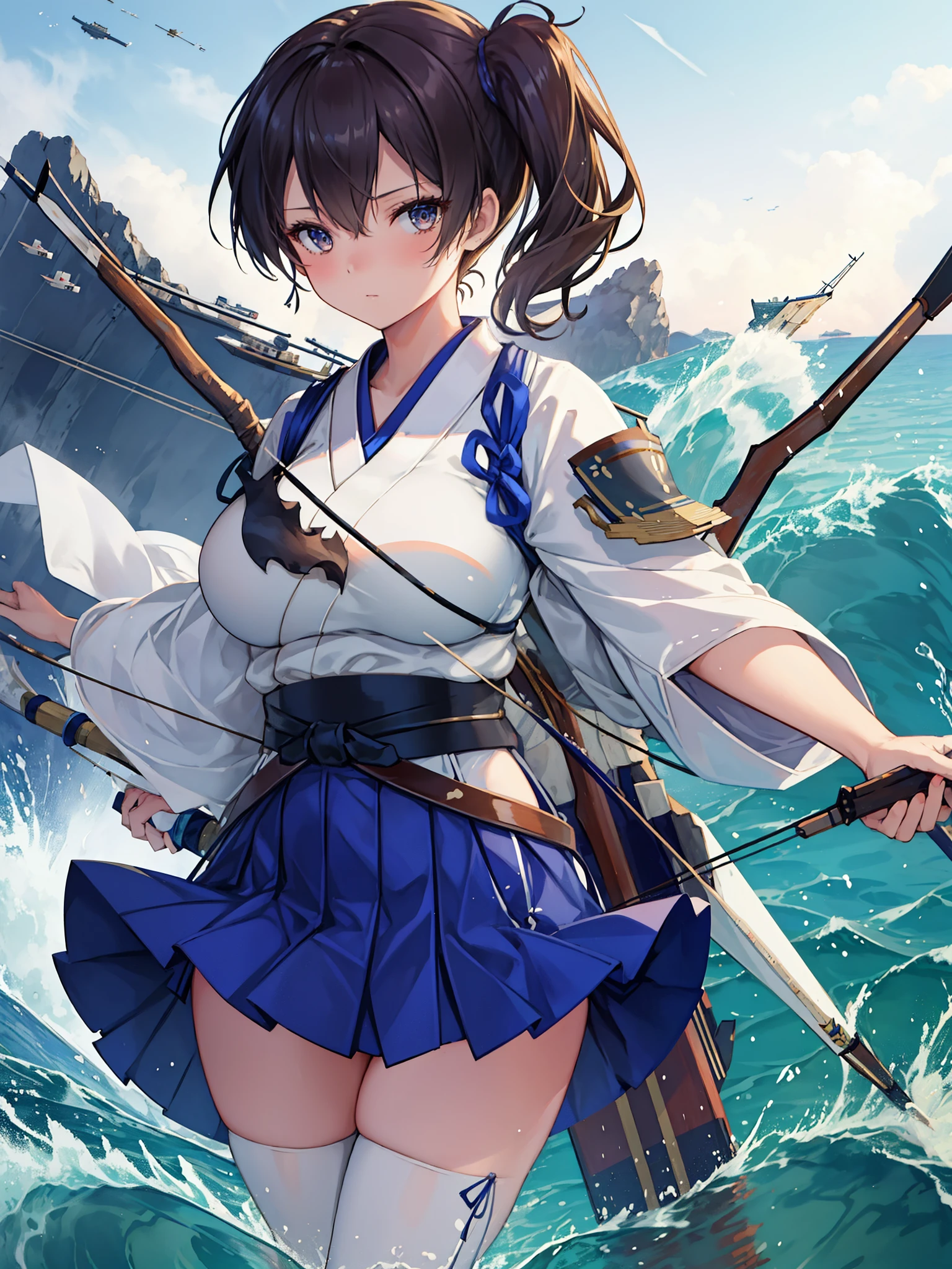 Kaga(Fleet Collection),highest quality, masterpiece, High resolution,kimono,blue skirt,side ponytail,big_breasts,solo,Japanese_bow&arrow,dynamic_posing,half_eyes,solo,plump,sea_landscape_background,waves