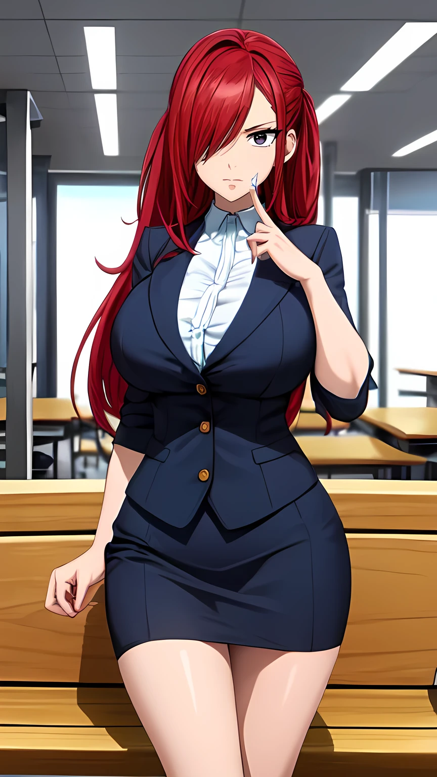 front view detailed body, long belly , slender body, tight body , thicc, large breast, breast, long thighs, masterpiece, long hair, very long hair, bangs, red hair,side ponytails, lucy heartfilia, red hair, Hair covers one eye, erzascarlet, cowboy shot, front shot, looking at viewer, shirt,put clothes in, skirt, pencil, stockings, office suit, office lady, office, indoors, Secretary, sitting on a bench, Hand on chin, 20yo,Young female,Beautiful Finger,Beautiful long legs,Beautiful body,Beautiful Nose,Beautiful character design, perfect eyes, perfect face,expressive eyes, looking at viewer,(Full_body),(Focus on her face), official art,extremely detailed CG unity 8k wallpaper, perfect lighting,Colorful, Bright_Front_face_Lighting,shiny skin, (masterpiece:1.0),(best_quality:1.0), ultra high res,4K,ultra-detailed, photography, 8K, HDR, highres, absurdres:1.2, Kodak portra 400, film grain, blurry background, bokeh:1.2, lens flare, (vibrant_color:1.2) (Beautiful,large_Breasts:1.4), (beautiful_face:1.5),(narrow_waist), facing the viewer