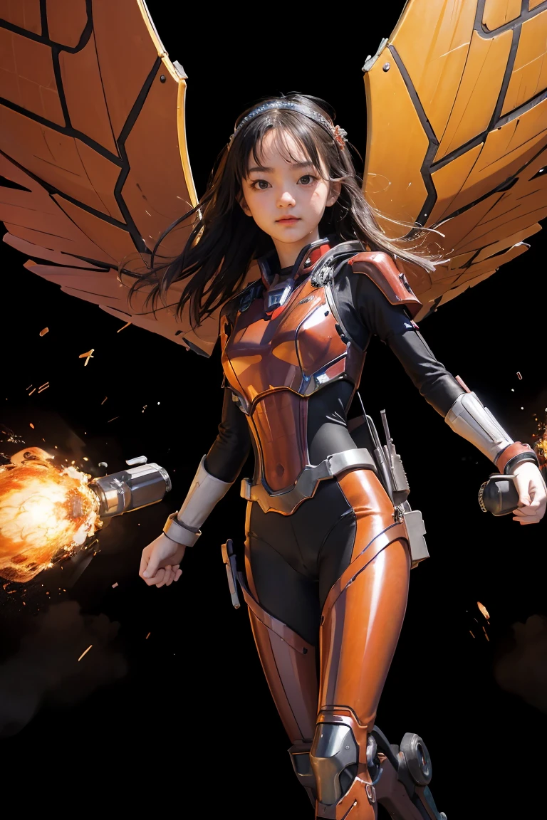 1girl, Absurd resolution, high resolution, (masterpiece: 1.4), hyper-detail, a mech, red armor with cybernetic red wings, floating flight in the sky (1.8) background is wild, fire, full bodysuit,