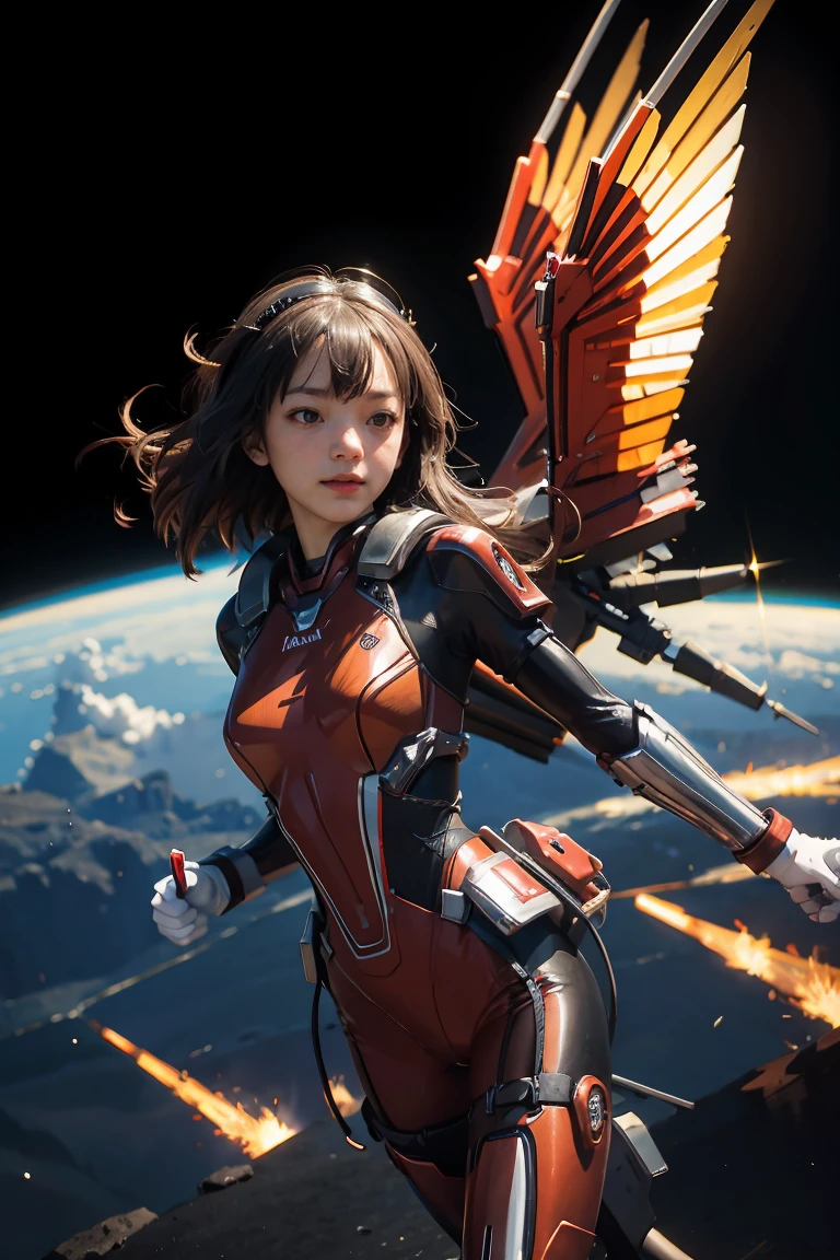 1girl, Absurd resolution, high resolution, (masterpiece: 1.4), hyper-detail, a mech, red armor with cybernetic red wings, floating flight in the sky (1.8) background is wild, fire, full bodysuit,